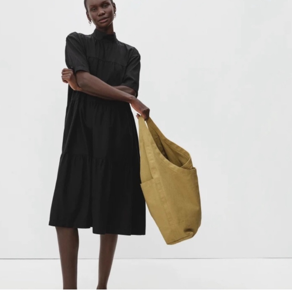 Everlane The Tiered Mockneck Dress Cotton Knee Length‎ Black Size Small